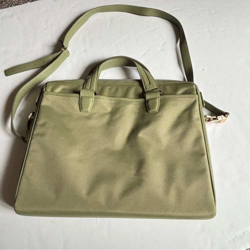 NEW! TUMI Leather Trimmed Green Double Handle Crossbody Computer Bag Unisex